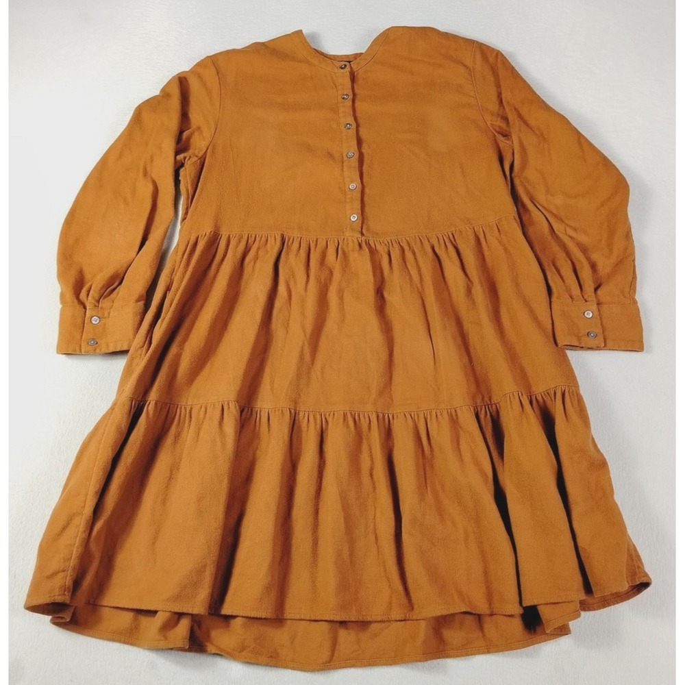 Madewell Flannel Button Tiered Mini Dress Womens Medium Orange Twirlable Casual
